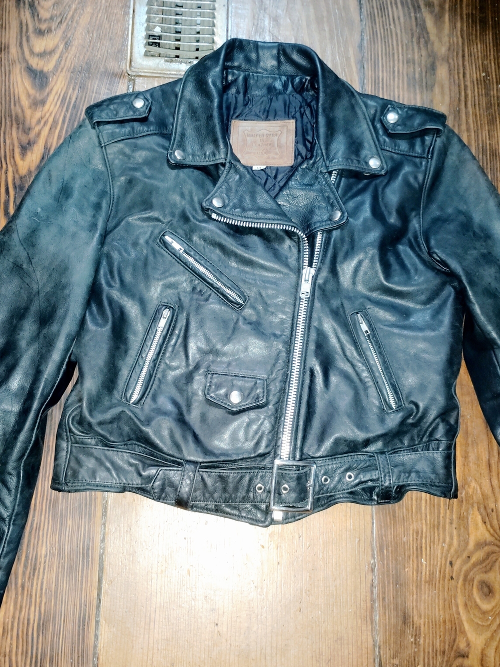 Classic Black Walter Dyer Leather Moto Jacket size 14